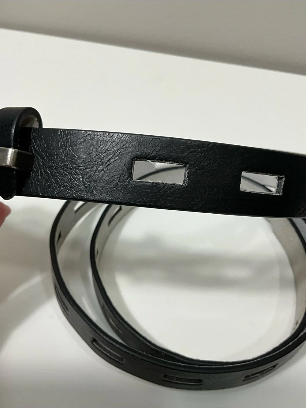 LODIS Black Leather Cutout Belt Silver Buckle Skinny Belt Made in Italy XL